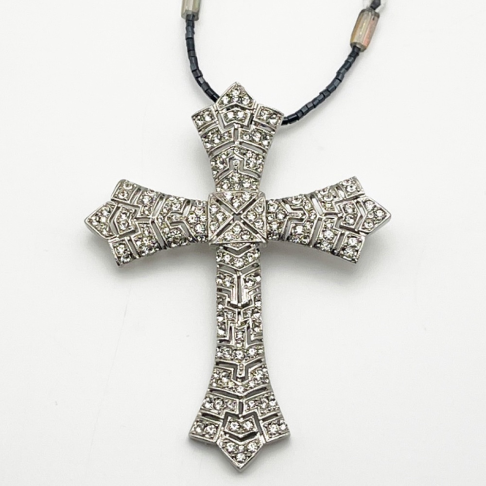 Oversized Deco Rhinestone Cross with 24" Long Beaded Necklace